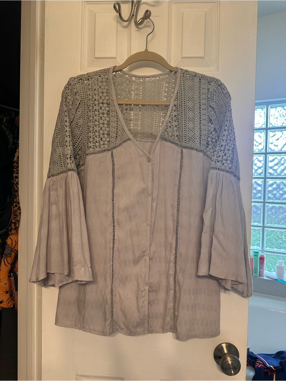 Womens Light Gray Crochet Yoke Button-Front Top